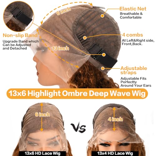 22 inch Highlight Ombre Lace Front Wig Human Hair 13x6 HD Honey Blonde 4/27 Deep Wave Lace Frontal Wigs Human Hair 200% Density Pre Plucked for Women