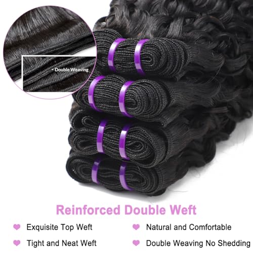 Seekomi Human Hair Burmese Curly Bundles 16 18 20 22 Inch 100% Virgin Water Curly 4 Bundles Human Hair with Spiral Ends Double Weft Quick Weave for Women, Natural Black Color, 400g