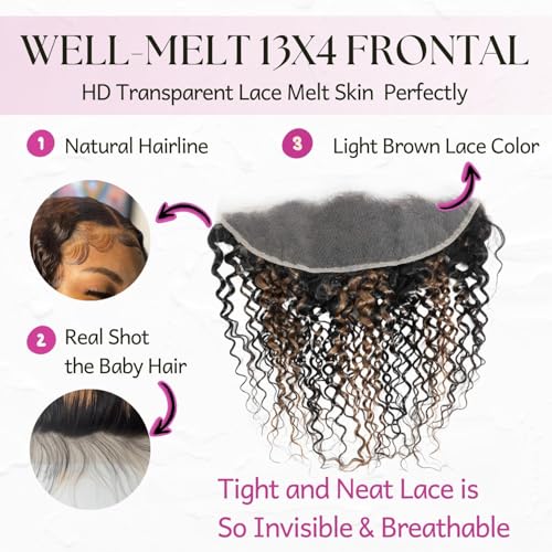 Honey Blonde Highlight F1B30 Bundles Human Hair with Frontal Water Wave, 12A Brown and Black Color Curly Ombre Soft Wet and Wavy 3 Bundles with 13x4 HD Lace Frontal 100% Remy 12 14 16 + 12 In