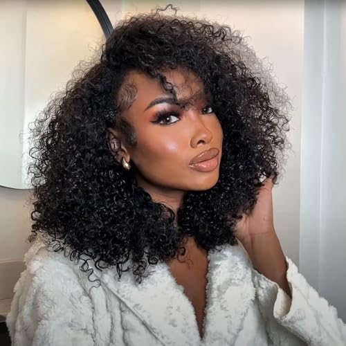 Half Wig Human Hair Glueless Wig Upgrade 4 IN 1 kinky Curly Half Wig with Invisible Wire Snap Clips Drawstring Flip Over Easy Wear Headband Wig Beginner Friendly 200 Density 20 Inch