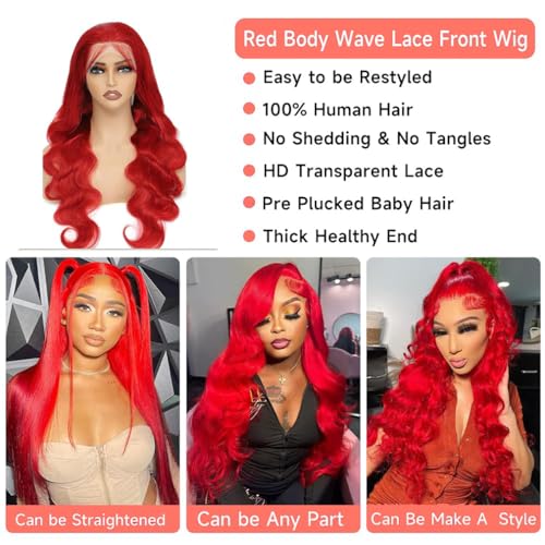 Red Lace Front Wigs Human Hair Pre Plucked 13x6 Body Wave Wigs for Black Women Hot Red Frontal Wigs Human Hair 180% Density 30 Inch