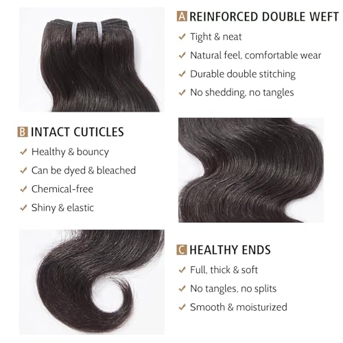 Wequeen 16A Body Wave Human Hair Bundles 20 22 24 Inch 100% Unprocessed Brazilian Virgin Hair Quick Weave Bundles Human Hair Extensions Real Human Hair, Natural Black