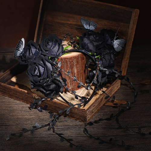 MOSTORY Black Flower Crown Headband - Gothic Floral Headpiece with Butterfly Dark Fairy Crown for Women Witch Aesthetic Renfaire Renaissance Party Cosplay