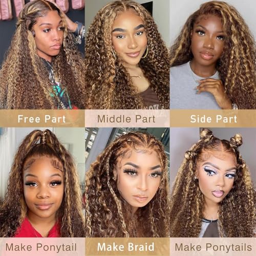Ombre Lace Front Wig Human Hair 13x4 HD Transparent Deep Wave for Women 180% Density 4/27 Honey Blonde Colored Highlight Curly Glueless Wigs 22Inch Pre Plucked with Baby Hair