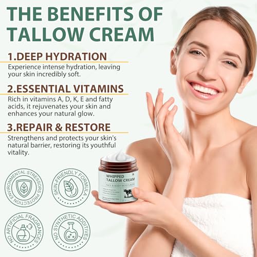 Beef Tallow for Skin - 100% Organic Beef Tallow - Whipped Beef Tallow with Honey - Organic Grass Fed Whipped Beef Tallow Face Cream for Soft, Smooth Skin - Handmade All-Natural Moisturizer