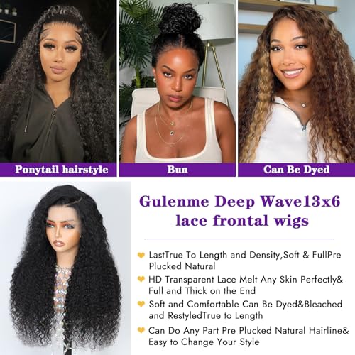13x6 Deep Wave Lace Front Wigs Human Hair 200 Density Pre Plucked HD Transparent Lace Frontal Wigs Deep Curly Wet and Wavy Glueless Wigs for Women£¨ 24 inch £¬ Natural Black£© (Black, Long)