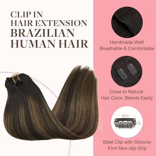 GOO GOO Clip in Hair Extensions Real Human Hair, Remy Human Hair Extensions Clip ins for Women, Natural Human Hair, 20inch 120g 7Pcs, 2/6/2 Balayage Dark Brown to Chestnut Brown