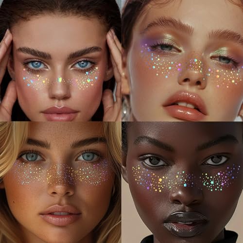 12 pcs Holographic Multichrome Glitter Freckles Face Tattoo, Waterproof Sparkle Face Glitter Speckles Patches for Women, Cute Star Glitter Temporary Tattoo Makeup Accessories for Festival Rave