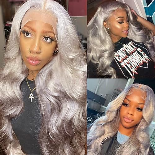 Grey Tranparent Lace Front Wigs Human Hair Pre Plucked 30 inch 13x6 Body Wave Wigs 180% Density Glueless Wig with Baby Hair for Black Women