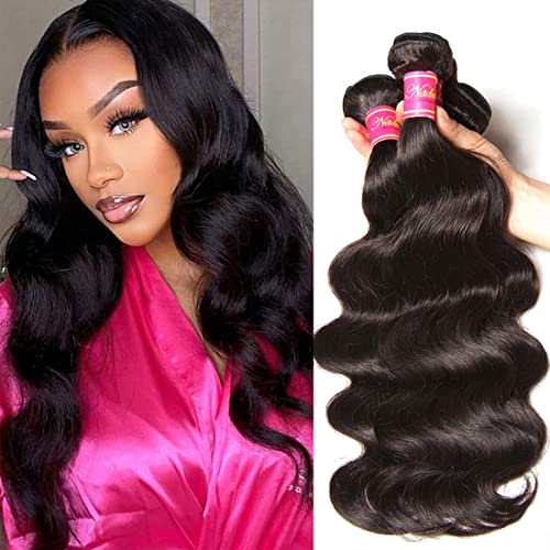 Nadula Hair 12A Brazilian Body Wave Virgin Human Hair 3 Bundles 14 16 18, 100% Unprocessed Brazilian Wavy Human Hair Weave Extensions for Black Women Natural Color