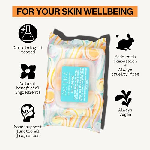 Pacifica Makeup Remover Face Wipes - Daily Facial Cleansing & Exfoliating Towelettes - Biodegradable - Organic - w/ Gycolic Acid - Clean Beauty Vegan & Cruelty-Free Dermatologist Tested 30 Count