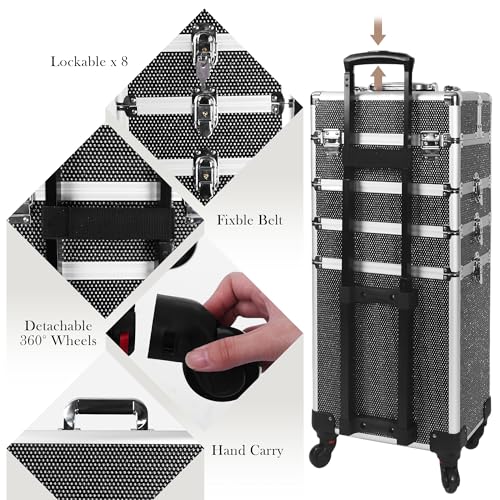 Professional Rolling Makeup Case with Wheels, 5-in-1 Makeup Train Case, Cosmetic Makeup Trolley Cart Travel Cosmetology Case On Wheels with Key for Hairstylists, Nail Tech(Black Crystal)