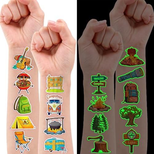 96PCS Camping Camp Camper Campfire Pre-Cut Luminous Glow in the dark Temporary Tattoos for Kids | Super Cute Themed Birthday Party Favors Supplies Decorations, Fake Tattoos Gifts for Boys Girls