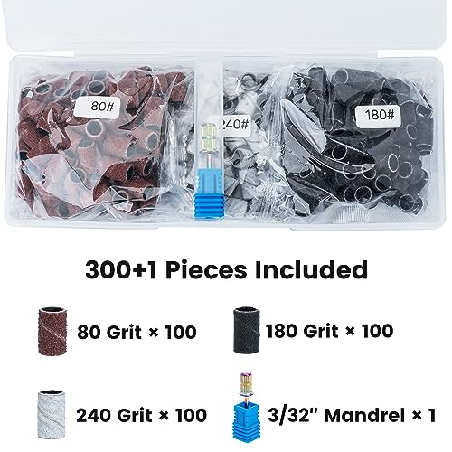 Delanie 300 Pcs #80#180#240 Sanding Bands for Electric Nail Drill Machines with Mandrel Bit, Professional Manicure Nail Salon Supplies, Fine Medium Coarse Grit