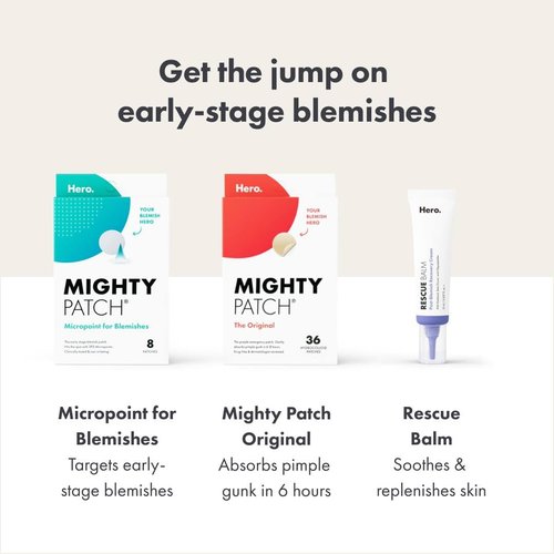Mighty Patch Micropoint Large Hydrocolloid Pimple Patches for Face Blemishes from Hero Cosmetics, Acne Stickers for Early Stage Zits & Hidden Pimples, 395 Proprietary Micropoints, 8 Count (Pack of 2)