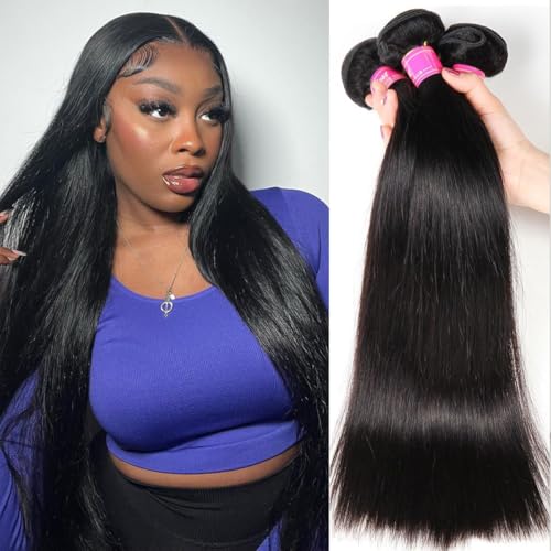 26 28 30 Inch Human Hair Bundles Straight 100% Unprocessed Brazilian Virgin Hair Weave 3 Bundles Silky Black Hair for Black Women