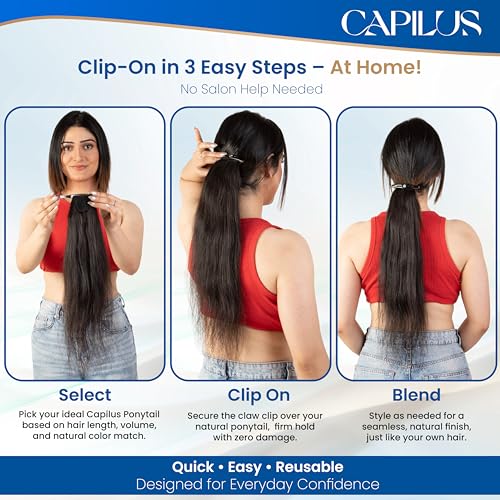 Capilus Flat Clip-In Ponytail Hair Extensions Natural Human Hair Changeable Clip Instant Volume & Length Original Human Hair Ponytail Extension for Women (Black, 14 Inch)