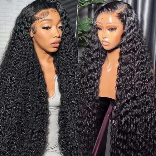 32 Inch Deep Wave Lace Front Wigs Human Hair 13x4 Deep Curly Human Hair Wig Pre Plucked 180% Density HD Transparent Lace Front Wigs for Black Women Deep Wave Frontal Wigs Natural Black