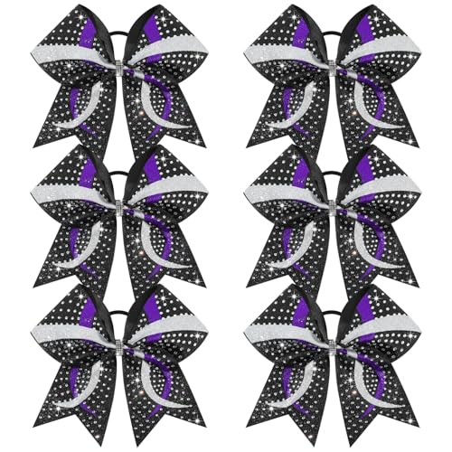 6PCS Full Glitter Rhinestone Cheer Bows Criss Cross Stiff Competition Large Cheerleading Hair Bows Elastic Band for Cheerleaders Girls -Black/Purple/Silver