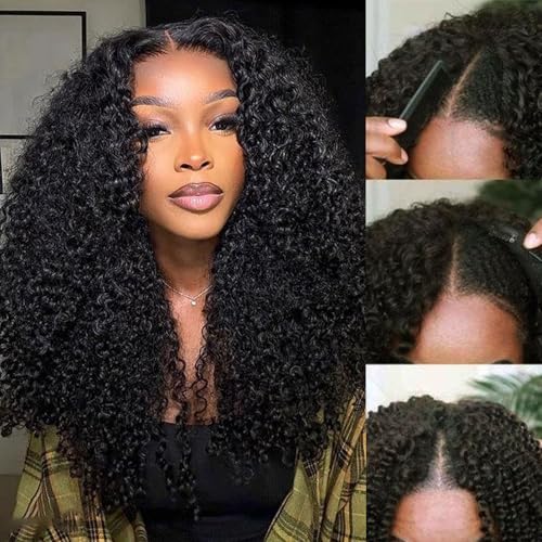 Kinky Curly V Part Wig Human Hair Glueless Clip In 100% Real Human Hair Curly V part Wigs No Glue No Sew In Upgrade U Part Wig For Beginners Friendly 200 Density 24 Inch