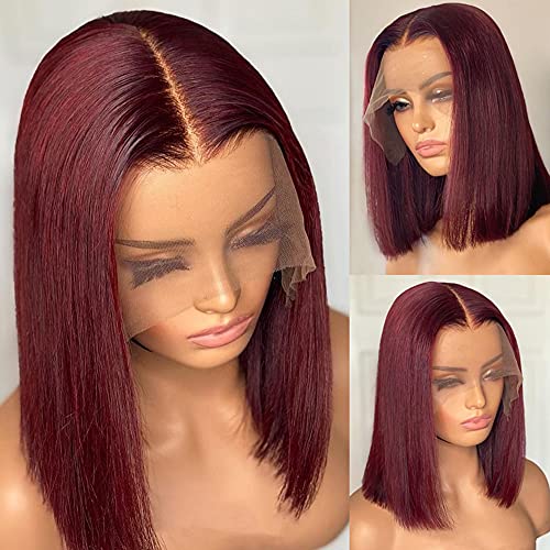 QUINLUX HD Transparent Lace Short Bob Human Hair Wigs Pre Plucked 13X6 Lace Front Wig 150% Density Brazilian Remy Bob Cut Human Hair wig for Woman #99j Color 12 inch