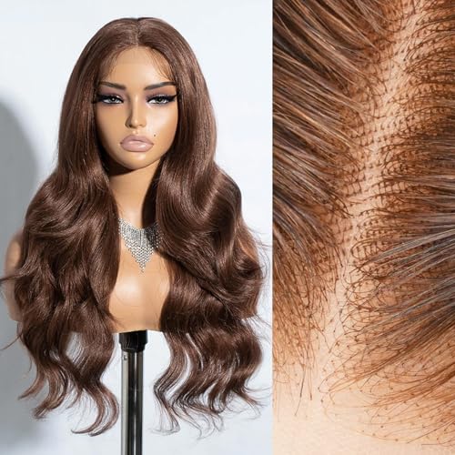 Chocolate Brown Lace Front wig 13¡¿6 Body Wave Lace Front Wigs Human Hair 200 Density HD Lace Brown Human Hair wig Pre Plucked Pre Bleached Knots (Brown, 26 inch)