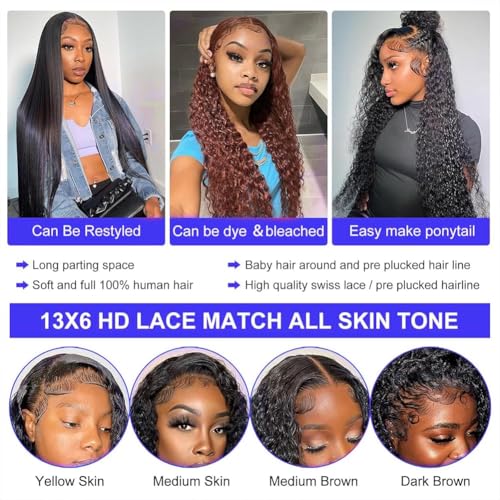 Oxcart Deep Wave Lace Front Wigs Human Hair 28 Inch 200 Density 13x6 HD Lace Frontal Wigs Pre Plucked Glueless Brazilian Virgin Human Wig with Baby Hair Deep Wave Wigs for Women Natural Black