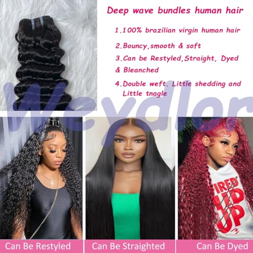 12A Depp Wave Human Hair Bundles 22 24 26 Inch Deep Curly Bundles Human Hair Extensions 100% Unprocessed 3 Bundle Brazilian Virgin Human Hair Quick Weave Natural Color