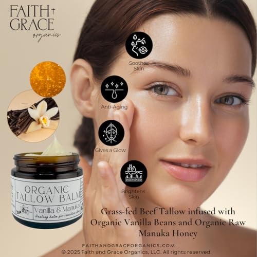 Faith and Grace Organics, Organic Tallow Balm, Vanilla and Manuka Honey, All-purpose Moisturizer, Safe for sensitive skin, Healing balm, 2 oz glass jar