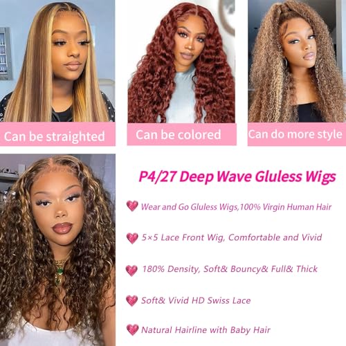 Highlight Ombre 4/27 Human Hair Wear and Go Glueless Deep Wave Curly Wet and Wavy Lace Front Wigs Pre Plucked Pre Cut 5x5 HD Lace Closure Wigs for Black Women 30 Inch
