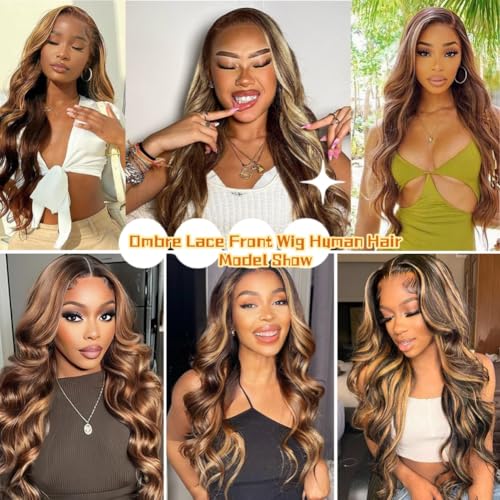 Sunelk Honey Blonde Ombre Lace Front Wig Human Hair Highlight Body Wave Lace Front Wigs Human Hair Pre Plucked 200 Density Glueless Wig 13X6 HD Lace Frontal Wig for Women 4/27 Colored 28 Inch