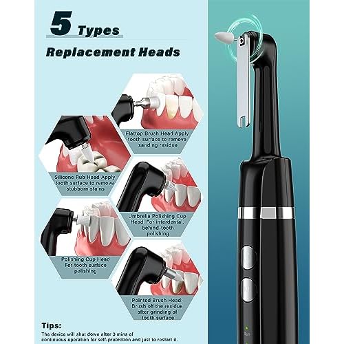 Tooth Polisher, Rechargeable Tooth Whitening Kit for Teeth Cleaning and Whitening, with 3 Tooth Polish Paste and 5 Brush Heads, LED Light, Easy to Use at-Home Personal Dental Care Kit (Black)