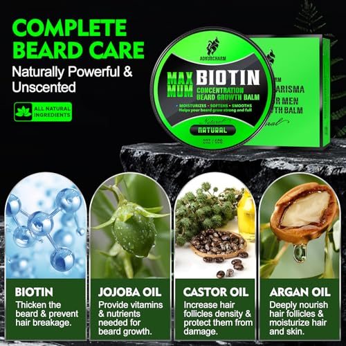 Biotin Beard Balm for Men ? Unscented, Fast-Absorbing Beard Softener & Growth Balm with Castor, Shea & Jojoba ? Conditions, Styles & Thickens Coarse or Patchy Facial Hair ? Idea Gift for Him ? 2 OZ