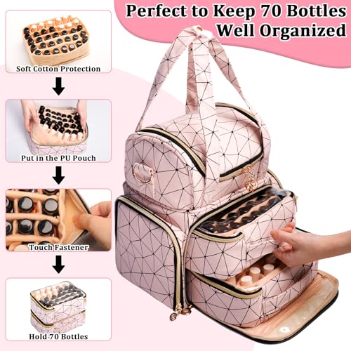 Nail Polish Organizer Bag - PU Leather Shoulder Storage with 2 Removable Cases and Nail Lamp, Holds 70 Bottles - Portable Travel Backpack for Nail Tech Supplies (Pink)