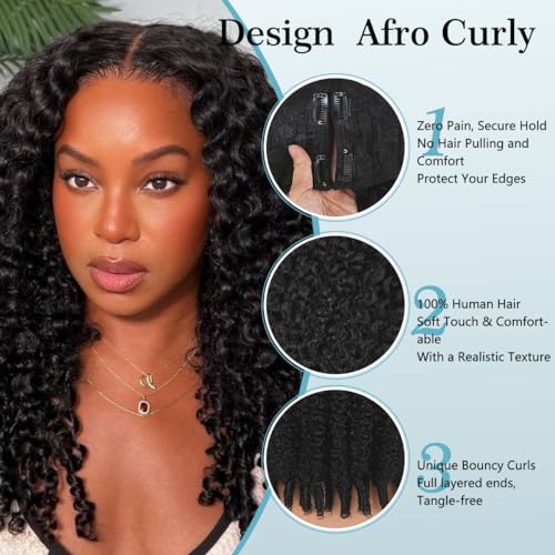 Burmese Curly V Part Wigs Human Hair 200% Density Upgrade U Part Human Hair Wigs with Drawstring and Spiral End Glueless Clip in Half Wigs for Black Women No Leave Out #1B Natural Black 18Inch