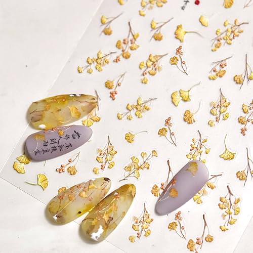 2PCS Silicone Nail Art Ombre Applicator, One Sheet Flower Stickers Decals, for Chrome Nail Powder, Floral Plant leaf Design of 5D Embossed Self-Adhesive Decoration Set, for Beginners
