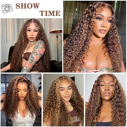 Ombre Highlight Wear and Go Glueless Wigs Human Hair Pre Plucked Pre Cut Deep Wave Lace Front Wigs Human Hair 4x4 Lace Closure Wig for Black Women 180% Density Curly Wig 28 Inch