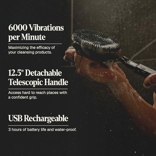 Black Wolf Body Wash & Sonic Scrubber Pro Kit for Men - Vibrating Face & Body Brush with Charcoal Powder Shower Gel, Water Resistant Massage Brush & Salicylic Acid Body Wash, Rich Lather & Deep Clean