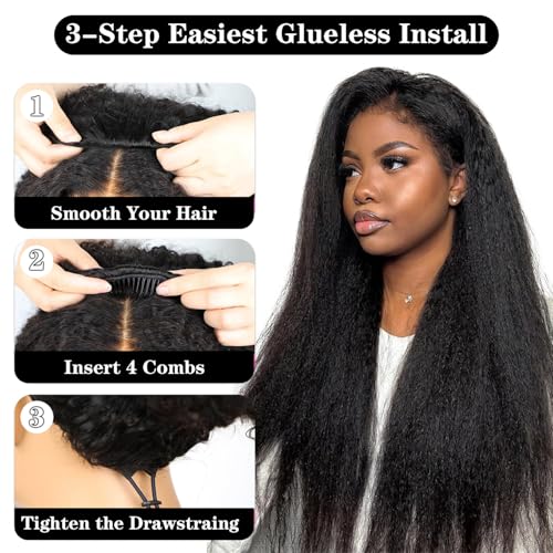 200 Density Kinky Straight Half Wig Human Hair 20 Inch,Yaki Straight 3 In 1 Seamless Flip Over Half Wigs Human Hair Wear Go Glueless Beginner Friendly Curly Half Wig Drawstring Headband Wig for Women
