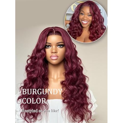 99J Burgundy Kinky Straight Lace Front Wigs Human Hair Yaki Straight Human Hair Wigs for Women Brazilian Remy Hair Wigs Wine Red Colored Pre Plucked with Baby Hair 14 Inch