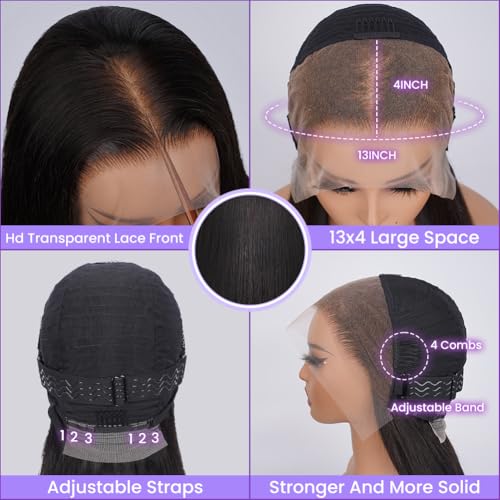 250 Density HD Lace Front Wigs Human Hair Pre Plucked Bleached Knots 13x4 Large Size Transparent Lace Frontal Wig with Baby Hair Silky Straight Human Hair Wigs for Women (Natural Color,20Inch)