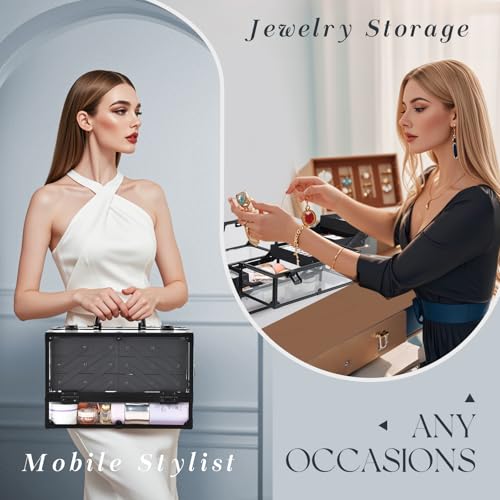 FRENESSA Portable Makeup Case Cosmetics Display Cases Toiletry Organizer Box Transparent Acrylic Artists Train Case with 6 Trays Travel Makeup Tools Storage for Vanity Counter Dresser Organizer Black