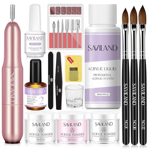 SAVILAND Essentials Acrylic Nail Kit with Drill: 15g White Pink Clear Acrylic Powder and Liquid, 100 Forms, Brushes, Primer, Top Gel & Tools ? Extension Nail Kit for Beginners with Everything Home Use