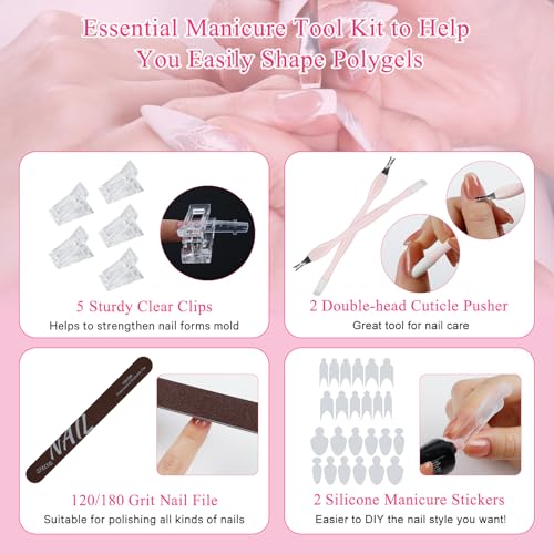 Nail Dual Forms for Poly Gel Set, 12 Styles 12 Sizes Nail Mold Extension Forms, 144Pcs Full Cover False Nail Tips, Duet System with 5pcs Nail Clips Nail Brush Nail Files Cuticle Trimmer