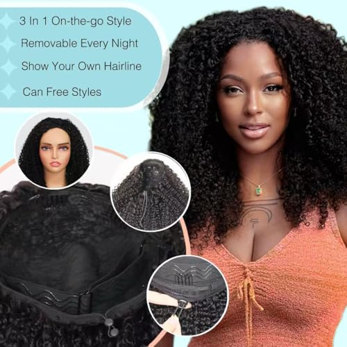 Kinky Curly Half Wig Human Hair Drawstring Seamless Flip Over Half Curly Wig Human Hair Invisible Hairline Glueless Wear and Go Wigs For Black Women Beginner Friendly 20Inch 200% Density