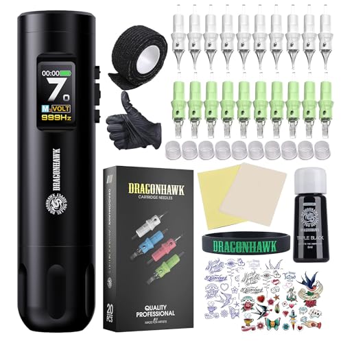 Dragonhawk Tattoo Kit X7 Tattoo Gun Kit Pen Machine Wireless Rotary Complete Tattoo Kit Smart Display 2 Replaceable Batteries 1,800mAh - Brushless Tattoo Motor by Mcore