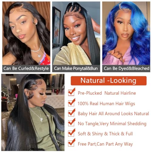 13x6 Lace Front Wigs Human Hair Pre Plucked Straight HD Frontal Wigs Human Hair with Baby Hair Straight Glueless Wigs for Black Women 180 Density(18 Inch)
