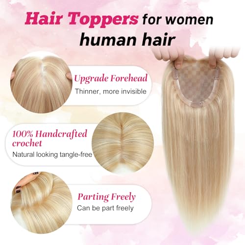 Hair Toppers for Women Real Human Hair 14 Inch No Bangs 65 Gram 100% Real Human Hair Toppers for Women with Thinning Hair 5x5 Hand-Tied Breathable Swiss Lace Base Blonde 3 Clips in Hair pieces,#18/613