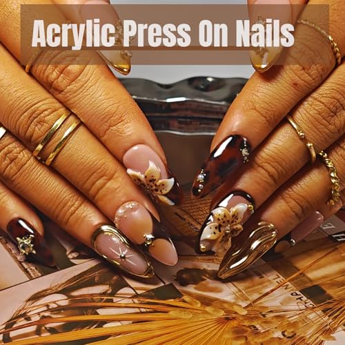 Handmade Acrylic Press On Nails Almond, Brown Press On Nails Medium, Flower 3D Nails French Tip Amber Gold Chrome For Women Gift, Reusable Stick On Fake Nails Kit With Nail Glue(Amber Bloom-S)