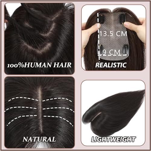 Hair Toppers for Women Real Human Hair, 360¡Æ 3D Human with Thinning Upgrade Middle Part Clip in Bangs Topper Hair Pieces for Women Daily(Medium Dark Brown, 18 Inch-3D-Side)